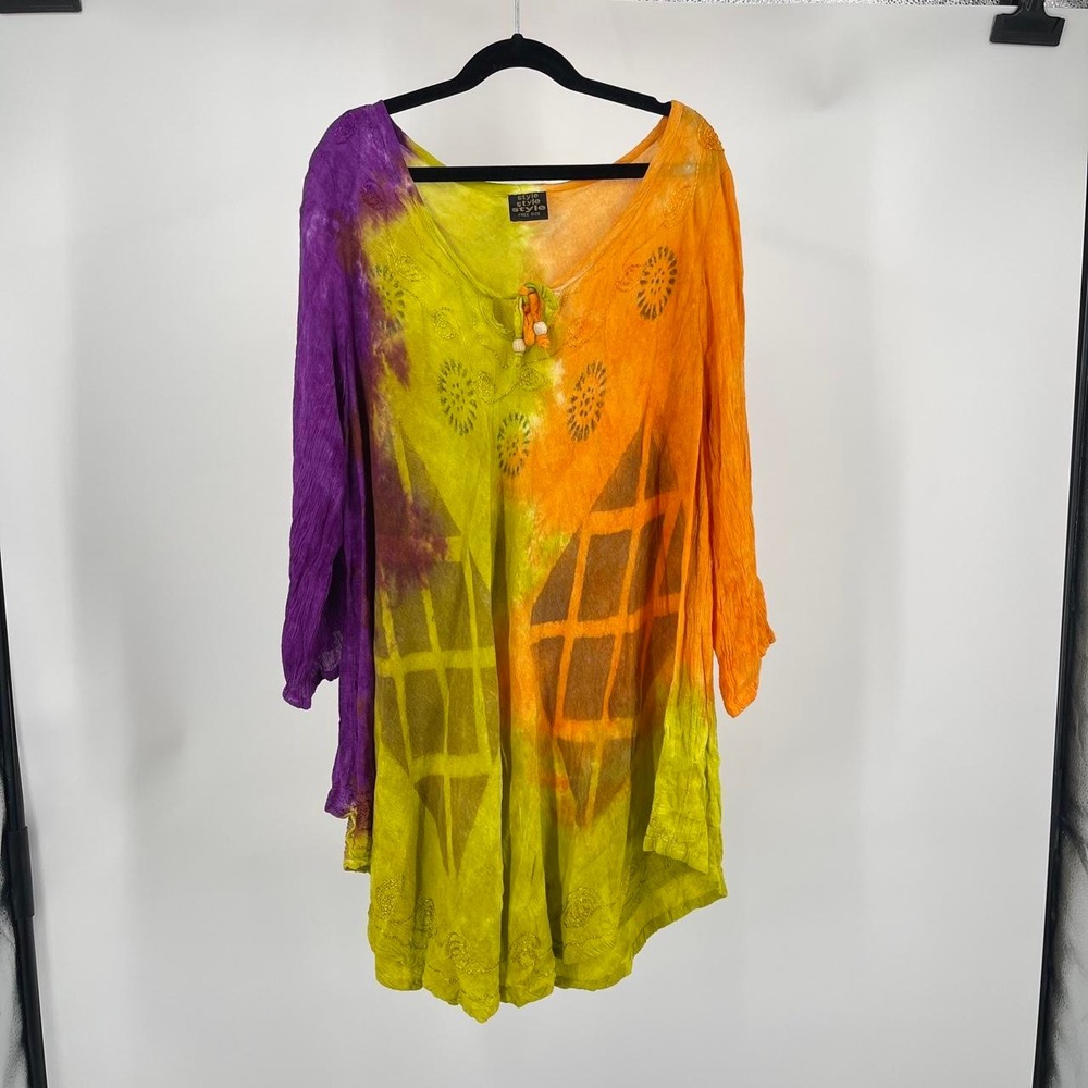 Vintage Women's Boho Tie Dye Tassel Top L Hippie Floral 70s Colorful Eclectic